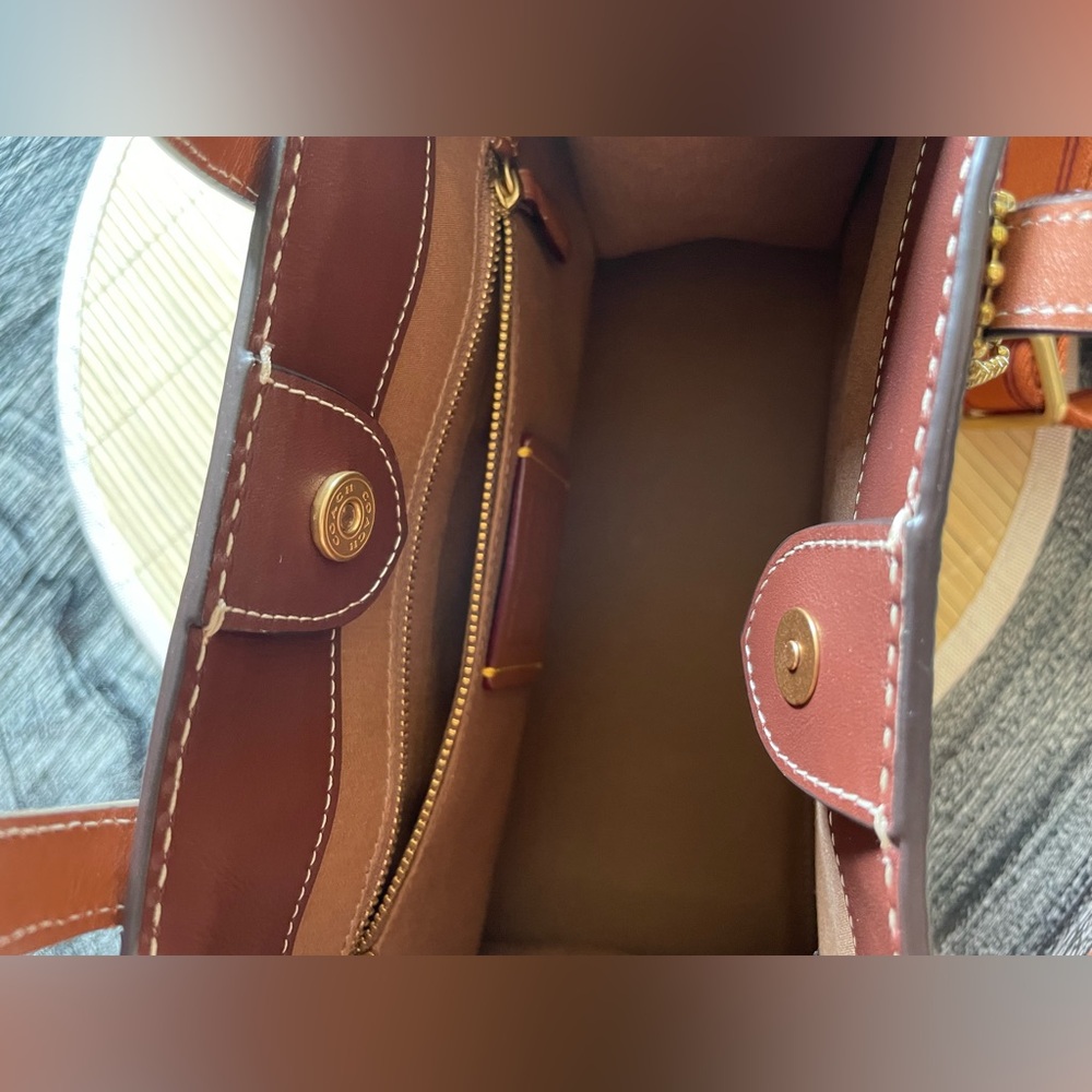 Coach Leatherware Two-Tone Canvas Tote in Beige and Brown with Orange Strap - Picture 7 of 8